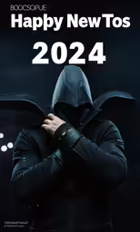 a person in black clothing and hoodie holding his arms crossed, with the text happy new