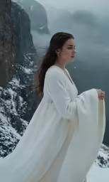 a young woman dressed in white poses on top of a mountain