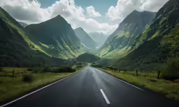 an open road with mountains and trees on either side