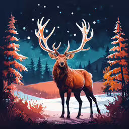 a painting of an elk at night in the woods,a red deer with big antlers in a forest at night