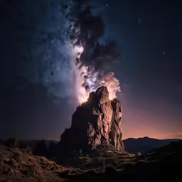 the milky shines behind a mountain, and above rocks