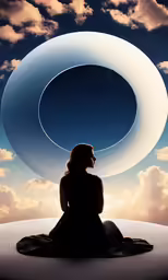 a woman is looking at an abstract object in the sky