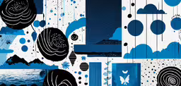 some colorful wall papers with some circles on them,a drawing of some blue and white clouds