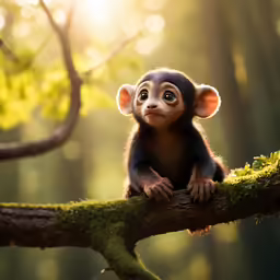 a monkey sitting on a branch with the sun shining in the background