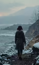 a woman in winter clothes is walking on the side of a road