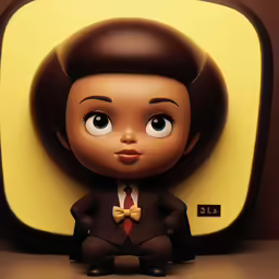 an animated doll sitting on a yellow background