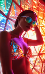 a woman with sunglasses on is standing in a neon bikini