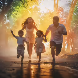 a family running down the road together, at sunset