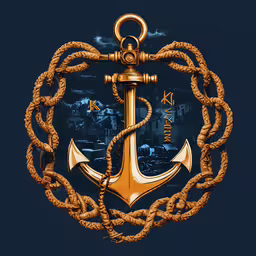 an anchor with rope is on display in a circle,an anchor with rope around it against a blue background