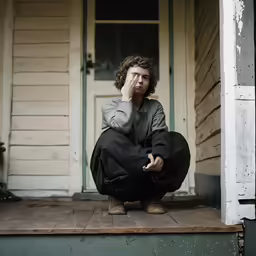 a young man with curly hair and a dark suit seated on a porch