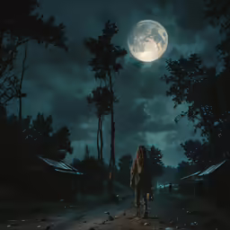 a woman is standing on the road and staring at the moon