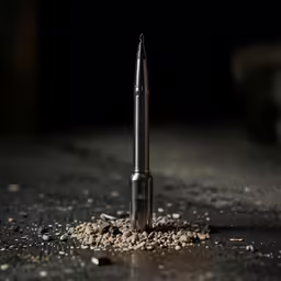 a bullet with gravel all over it laying on the ground