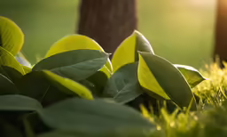 lush green leaves in the sun shining on the ground