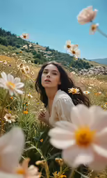woman sitting in a field with wildflowers on her stomach