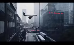 an airplane is flying over a street in an urban area