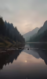 the beautiful mountains reflect in the still water on the lake