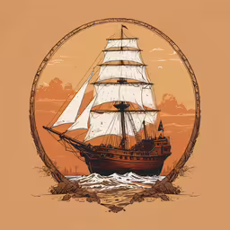 the pirate ship floats on a lake during sunset,a boat with sails and waves and a circular frame