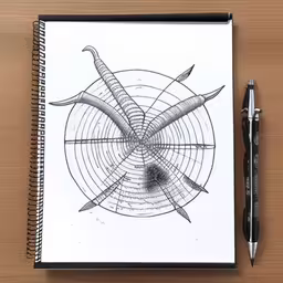 an empty notebook with drawings on it and two pens,a spiral pen is sitting on top of a notebook