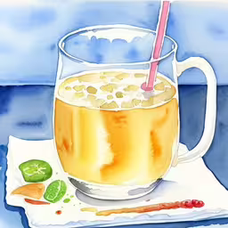 the beverage has two straws in it,a painting of a pitcher with a drink