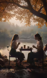 two women sitting on chairs at a table drinking coffee