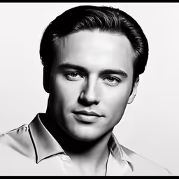 the man in a shirt poses for a black and white photo