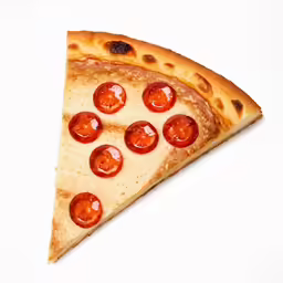 a pepperoni pizza slice on a white table