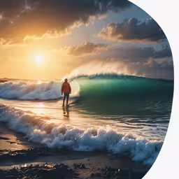 the man is standing in the water near the wave,the surfer is waiting for his wave to break