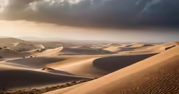 a sun setting over the desert and sand dunes