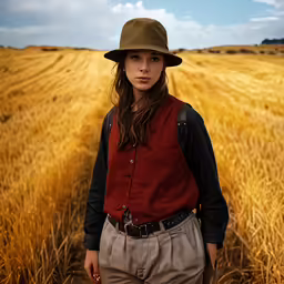 a young girl wearing a hat stands in front of a field