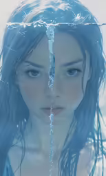 woman with blue hair stares down at water pouring over her face