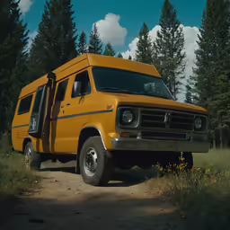the yellow van is parked in a field