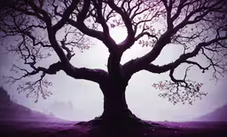 a dark tree in the fog with no leaves,a black tree on a field with fog