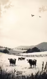 cows are seen standing in the grass and birds fly