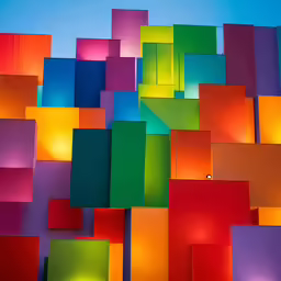 a colorful and abstract wall with lights shining through it