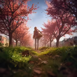 a young girl standing under a very colorful tree
