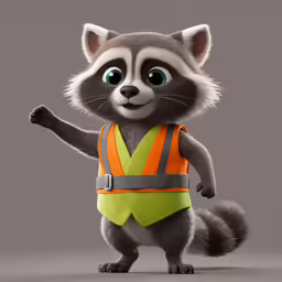 the animated baby racoon character is dressed in yellow safety gear