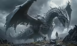 a dragon in front of two men on a rocky terrain