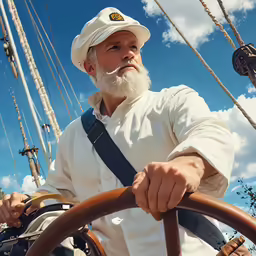 the man in the hat stands on the steering wheel