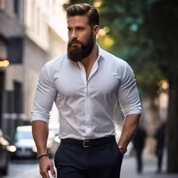 a man with a goatee and beard wearing a black slacks