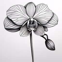a drawing of a flower on a white paper,a black and white drawing of an orchid