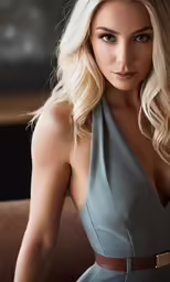 a blond woman in gray top posing for camera