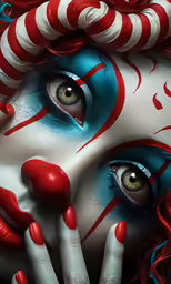 there is a woman dressed as harley harley with red and white makeup on