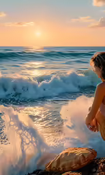 the girl sitting on rocks watches the water come in