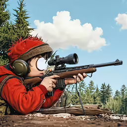 a man in winter clothes is shooting with a rifle