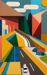 an art print of a road with a car and hills,the car is driving down the road by the colorful artwork