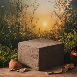 a brick sitting on a table near a plant