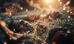 a woman lies on the grass with her head turned