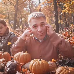 a boy sits among the autumn leaves as a girl looks on