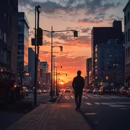 the silhouette of a man walking down a city sidewalk at sunset