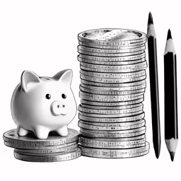 a stack of coins and a piggy bank with a pencil sticking out
